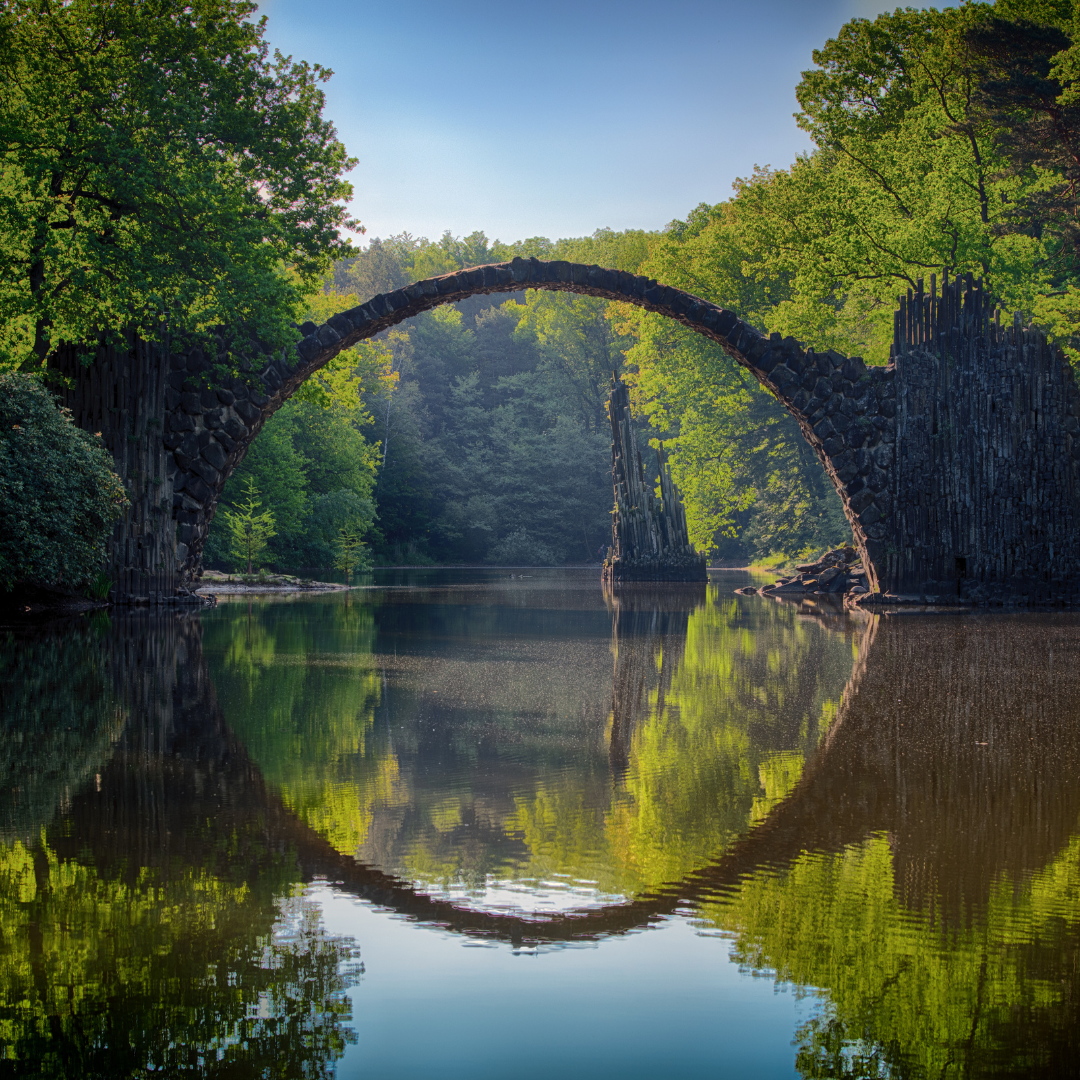 Stone arch bridge over calm water creating a circle reflection. Lush green trees surround, with blue sky above, peaceful atmosphere.