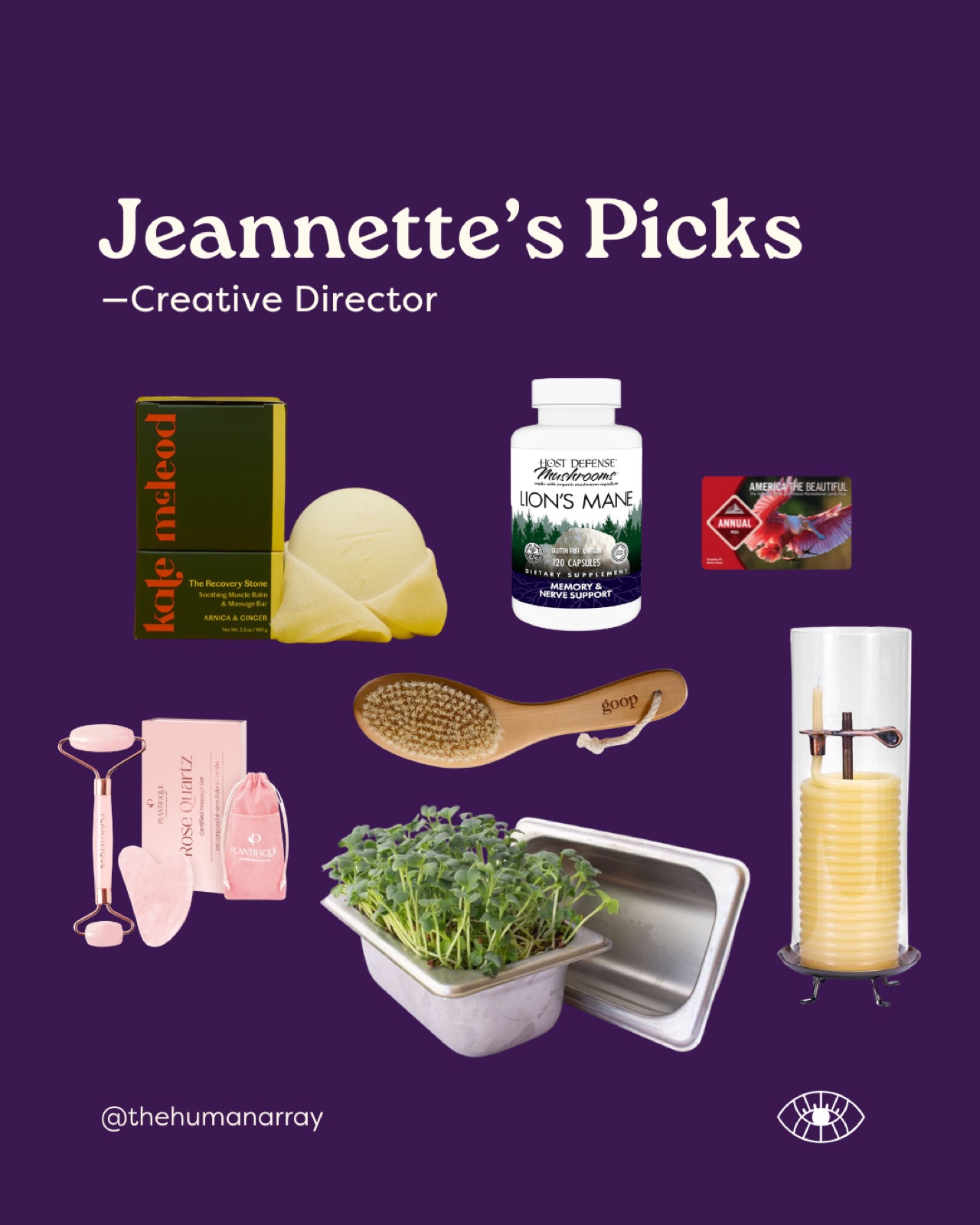 Products on purple background: massage bar, supplement, gift card, skincare set, scrub brush, microgreens, candle. Text: Jeannette's Picks.