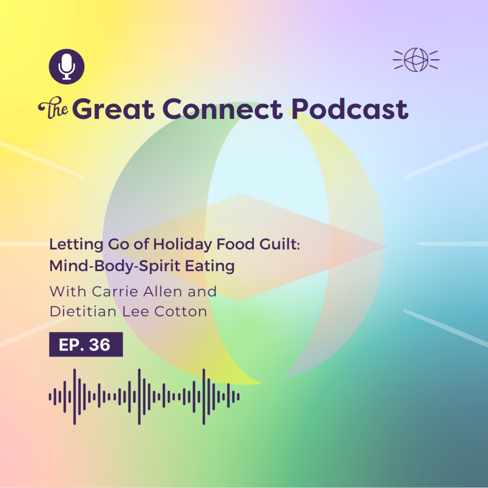 Pastel-colored podcast cover with "The Great Connect Podcast" title. Episode 36: "Letting Go of Holiday Food Guilt" features Carrie Allen & Dietitian Lee Cotton. Audio wave graphic included.