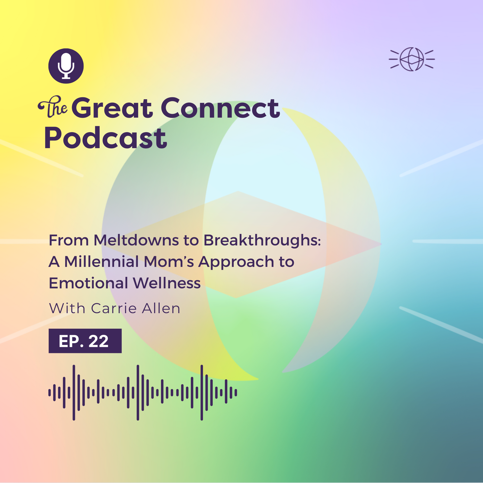 The Great Connect Podcast cover with pastel gradient. Ep. 22 features "From Meltdowns to Breakthroughs" by Carrie Allen on emotional wellness.
