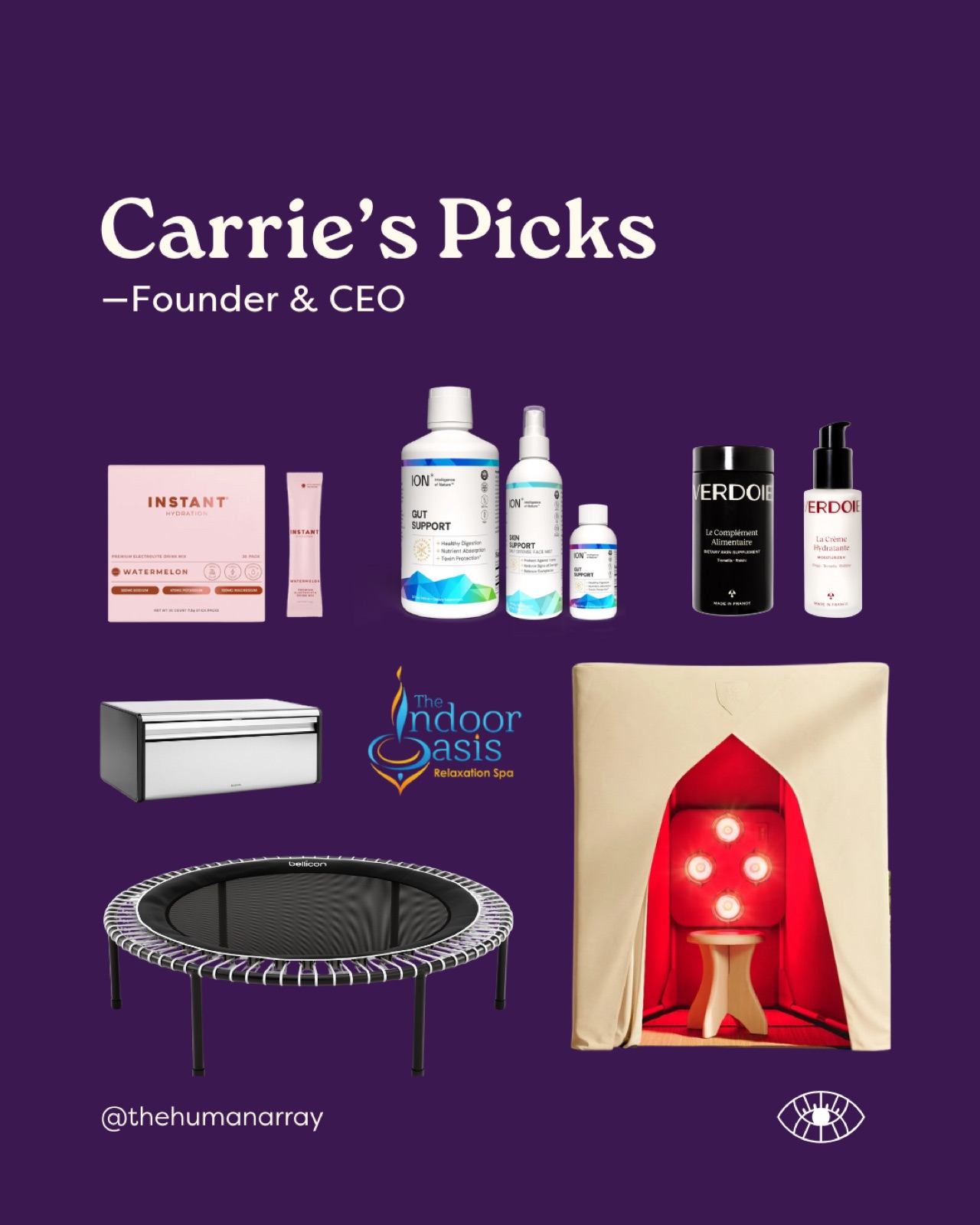 Purple background with wellness products, a trampoline, and a sauna. Text reads "Carrie's Picks – Founder & CEO" and "@thehumanarray."
