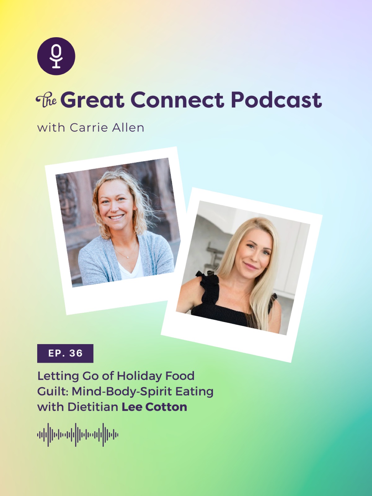 Podcast cover with Carrie Allen and a guest. Episode 36 discusses holiday food guilt. Background features a pastel gradient.