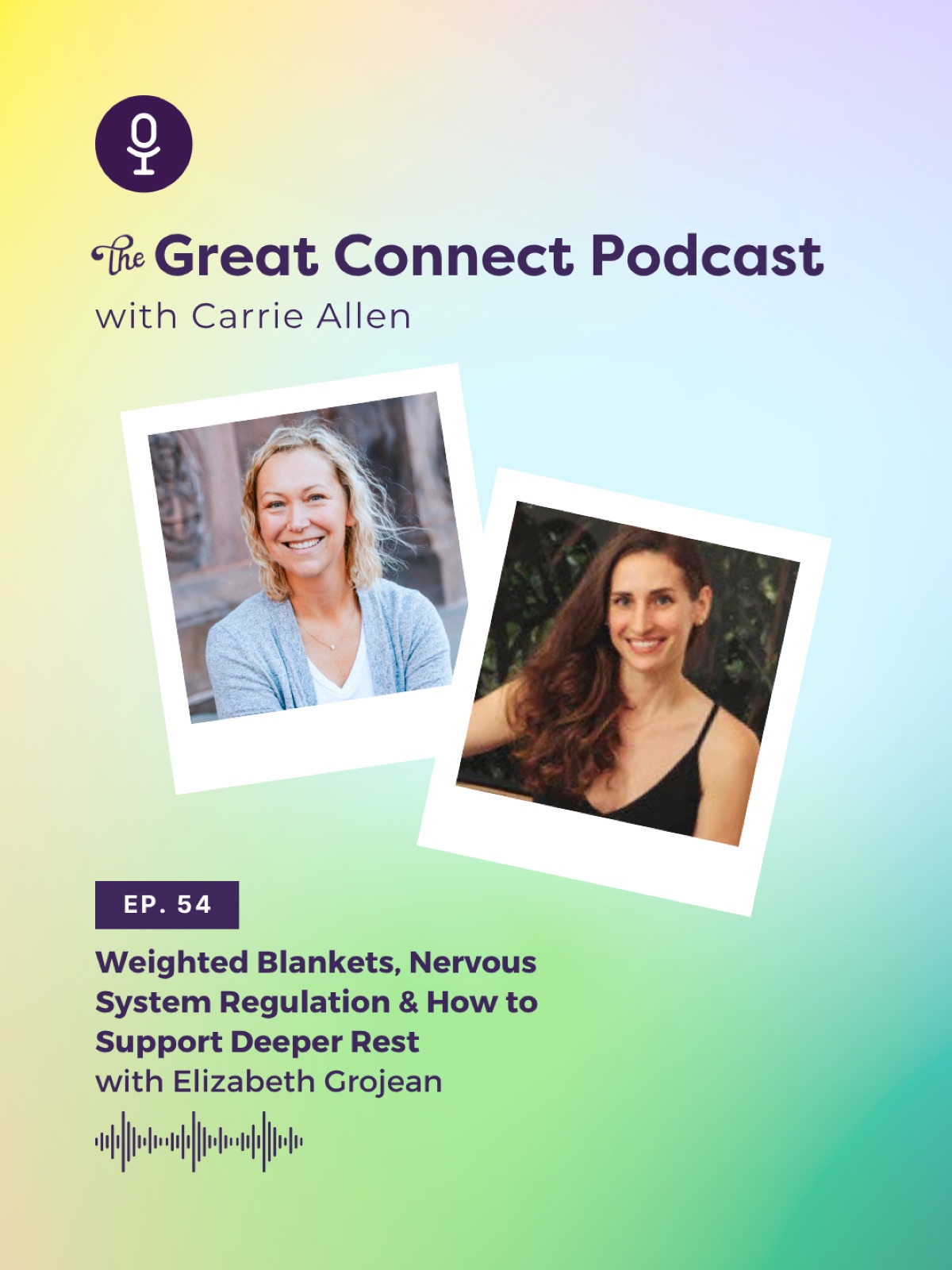Podcast cover with "The Great Connect Podcast" title and host Carrie Allen. Episode 54 on weighted blankets with Elizabeth Grojean.