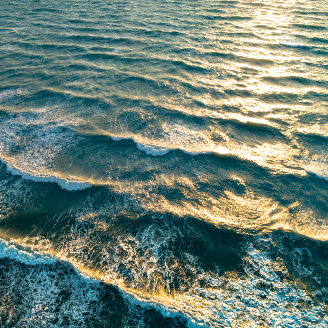 Aerial view of ocean waves with golden sunlight reflecting on the water, creating a serene and shimmering effect.