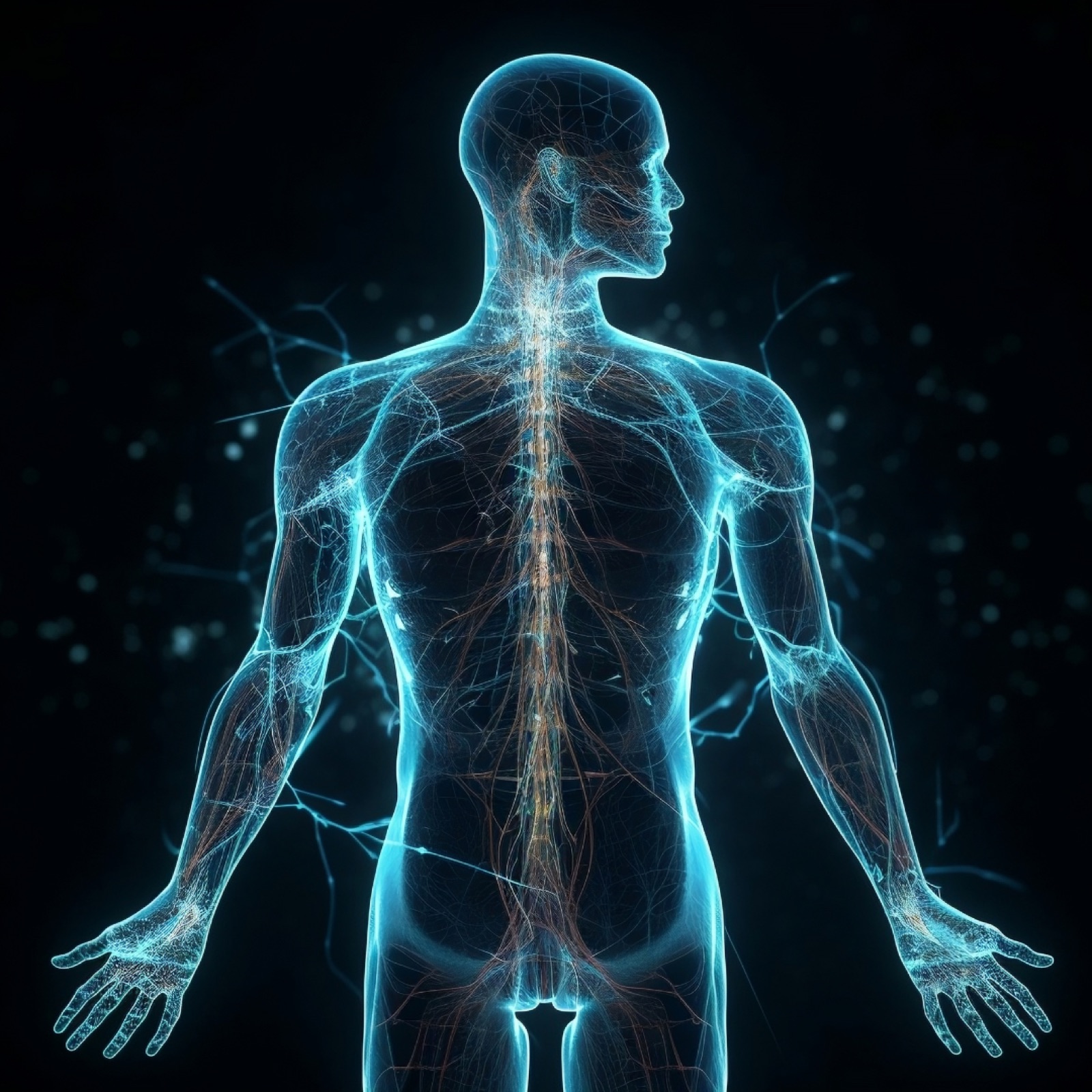 Glowing blue digital illustration of a human nervous system in profile, set against a dark background, highlighting veins and nerves.