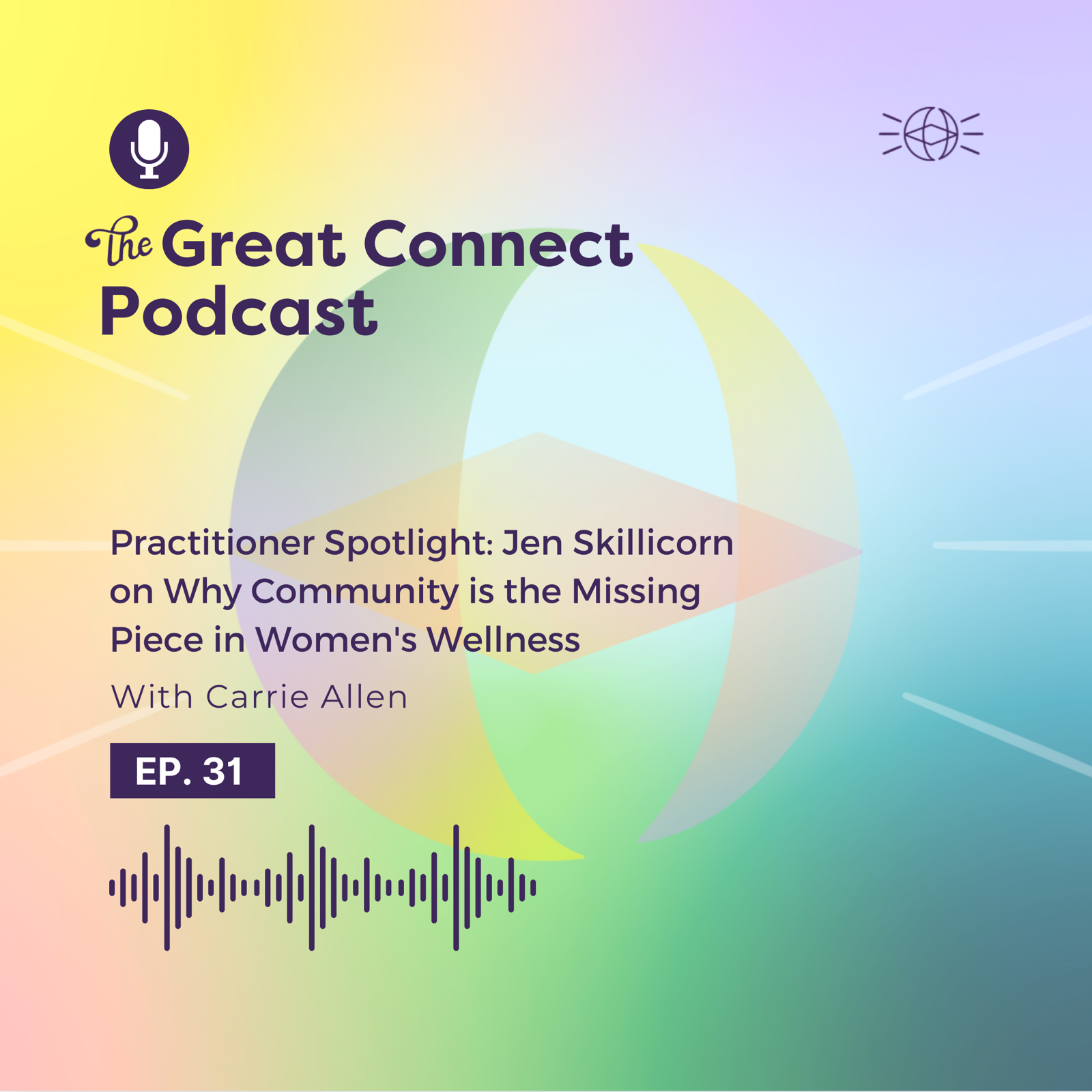 Podcast cover with text: The Great Connect Podcast, Practitioner Spotlight on community in women's wellness with Carrie Allen, EP. 31. Colorful background.