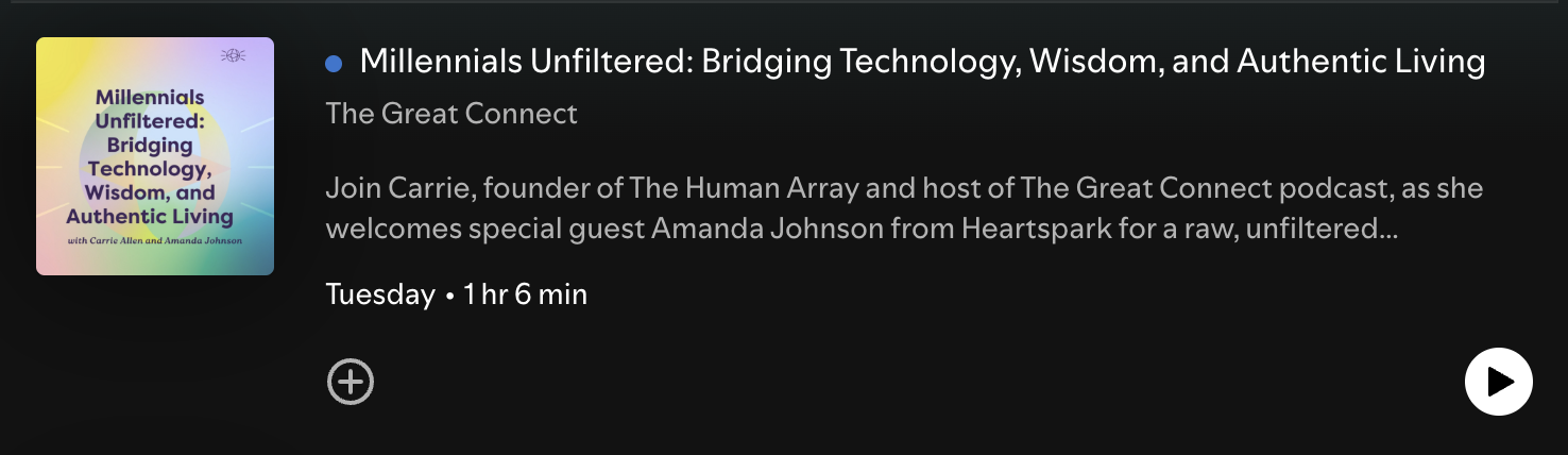 Podcast cover features colorful gradient with the title "Millennials Unfiltered: Bridging Technology, Wisdom, and Authentic Living". Text details below.