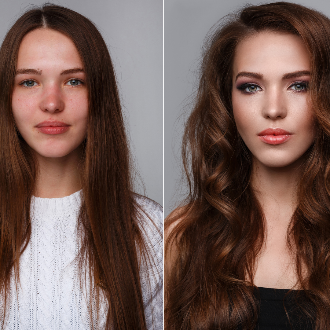 Two side-by-side portraits of a woman. Left: natural look, long hair, white sweater. Right: styled hair, makeup, black top, confident gaze.