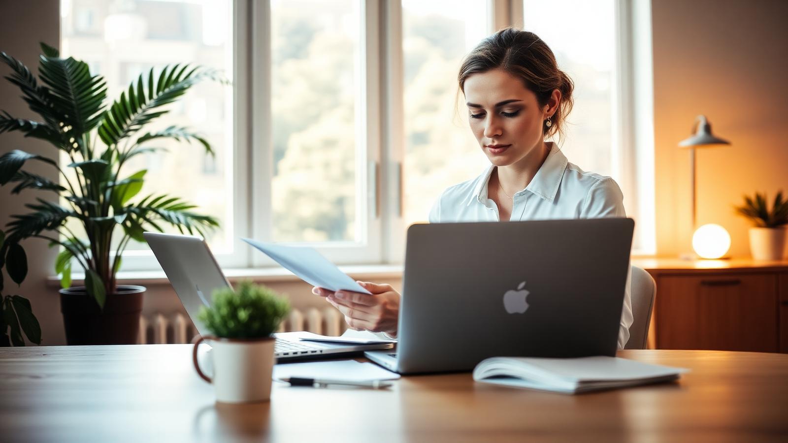 A focused professional working in a calm, sunlit home office
