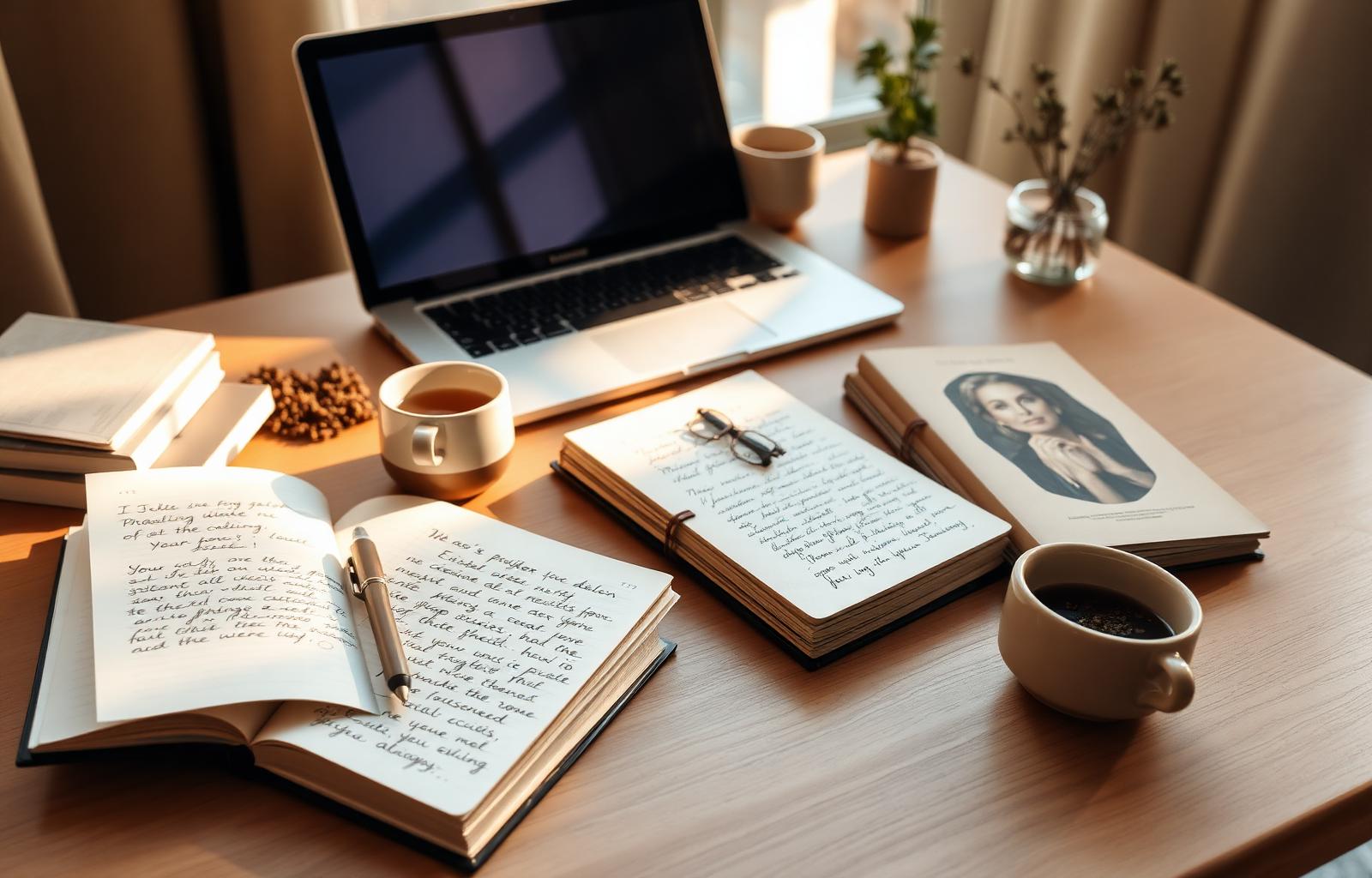 A practitioner's notebook, books, and laptop in warm afternoon light